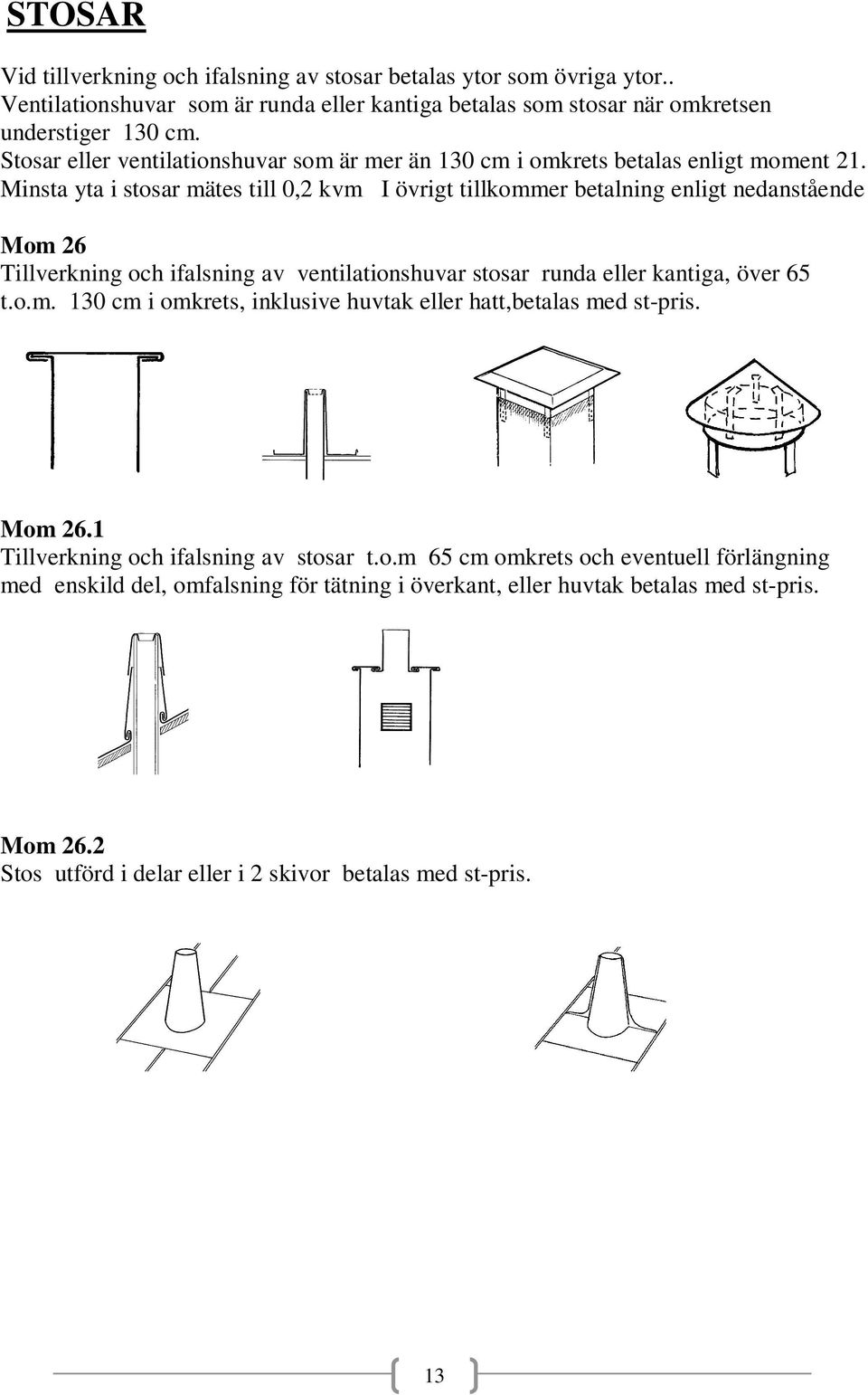 Minsta yta i stosar mätes till 0,2 kvm I övrigt tillkommer betalning enligt nedanstående Mom 26 Tillverkning och ifalsning av ventilationshuvar stosar runda eller kantiga, över 65 t.o.m. 130 cm i omkrets, inklusive huvtak eller hatt,betalas med st-pris.