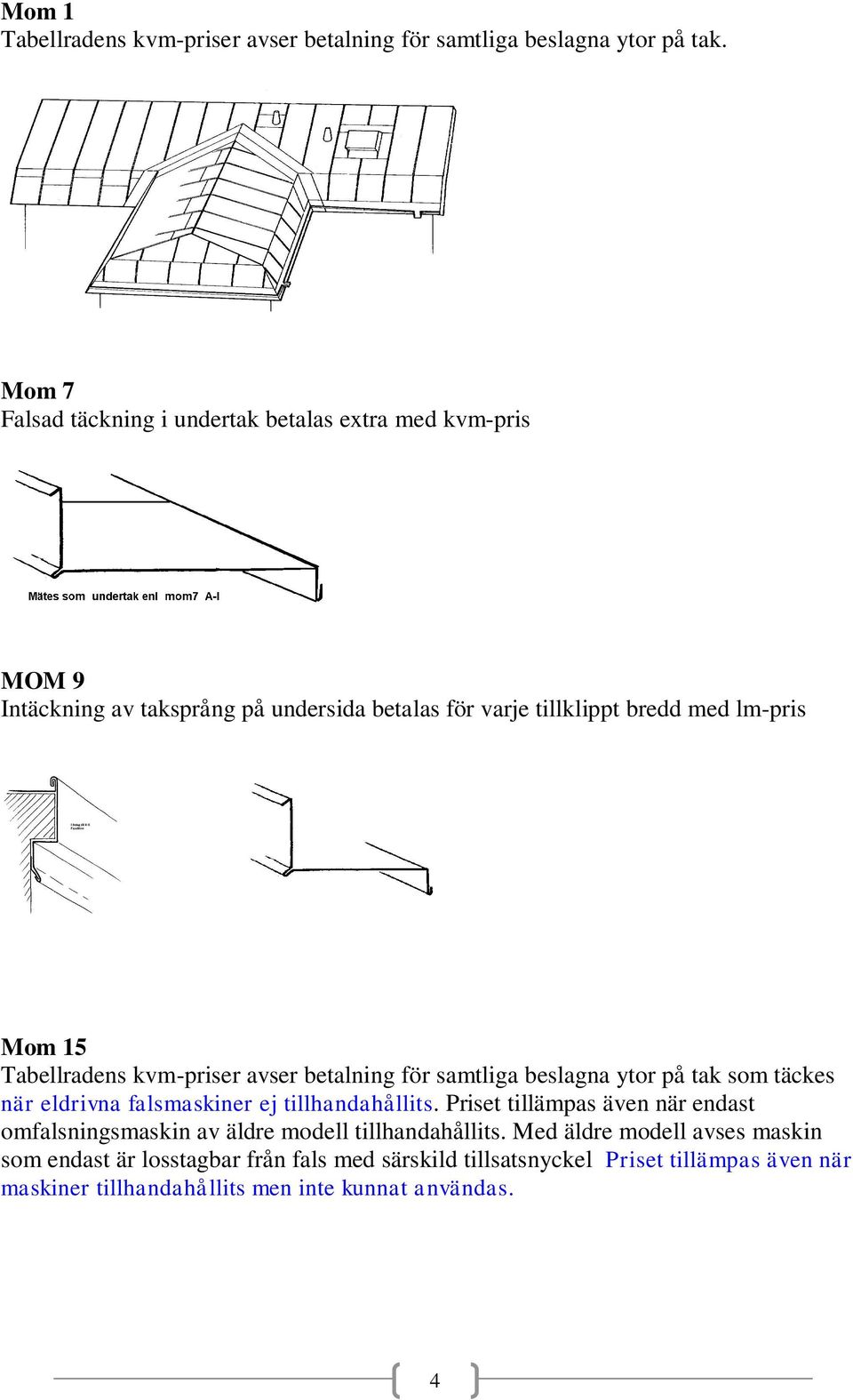 Tabellradens kvm-priser avser betalning för samtliga beslagna ytor på tak som täckes när eldrivna falsmaskiner ej tillhandahållits.