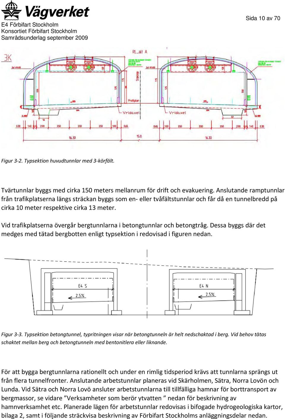 Vid trafikplatserna övergår bergtunnlarna i betongtunnlar och betongtråg. Dessa byggs där det medges med tätad bergbotten enligt typsektion i redovisad i figuren nedan. Figur 3 3.