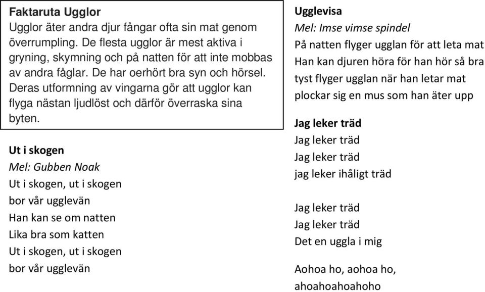 Ut i skogen Mel: Gubben Noak Ut i skogen, ut i skogen bor vår ugglevän Han kan se om natten Lika bra som katten Ut i skogen, ut i skogen bor vår ugglevän Ugglevisa Mel: Imse vimse spindel På natten