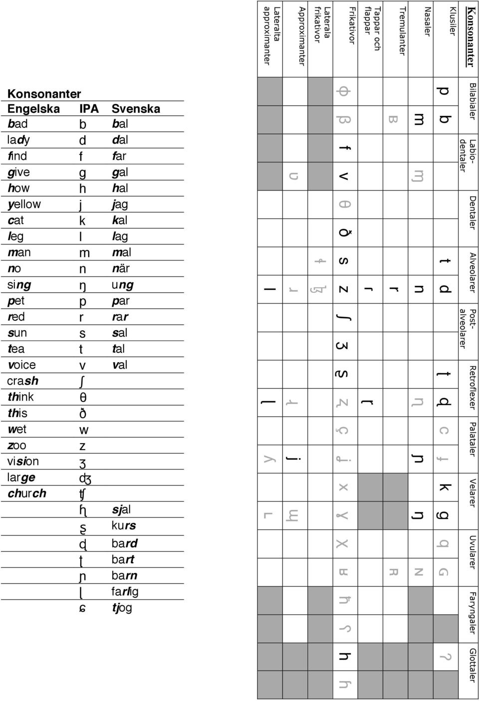 tjog Lateralta approximanter l < = > Approximanter % 9 : j ; Laterala frikativor $ $ Frikativor. / f v 0 1 s z 2 3 #!