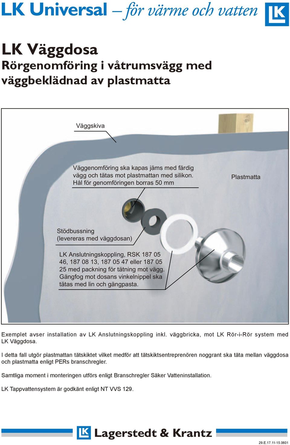 tätning mot vägg. Gängfog mot dosans vinkelnippel ska tätas med lin och gängpasta. Exemplet avser installation av LK Anslutningskoppling inkl.