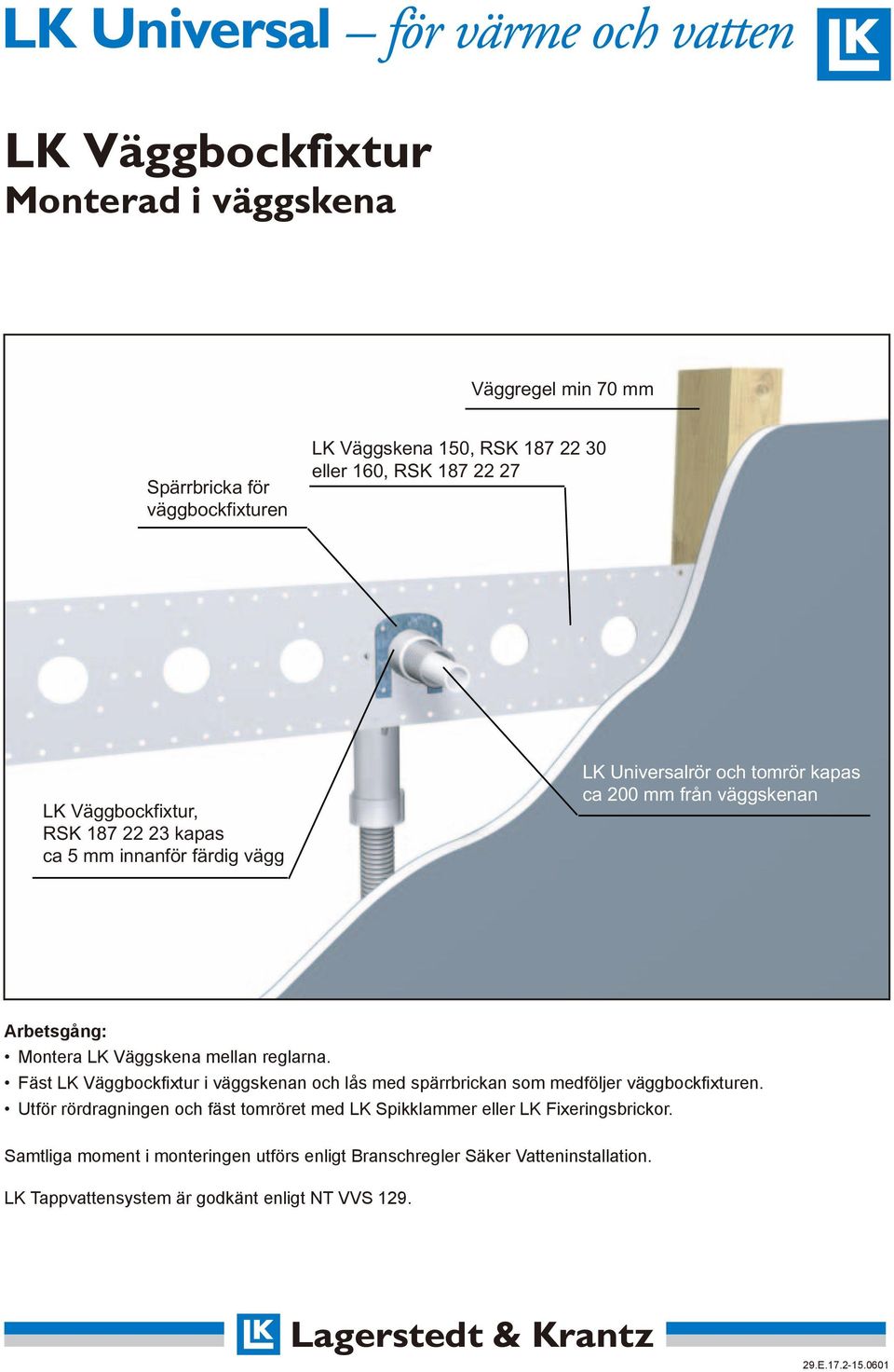 från väggskenan Arbetsgång: Montera LK Väggskena mellan reglarna.