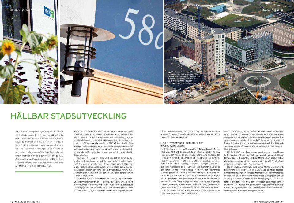 HÅLLBAR STADSUTVECKLING MKB:s grundläggande uppdrag är att bidra till Malmös attraktivitet genom att erbjuda bra och prisvärda bostäder till befintliga och blivande Malmöbor.