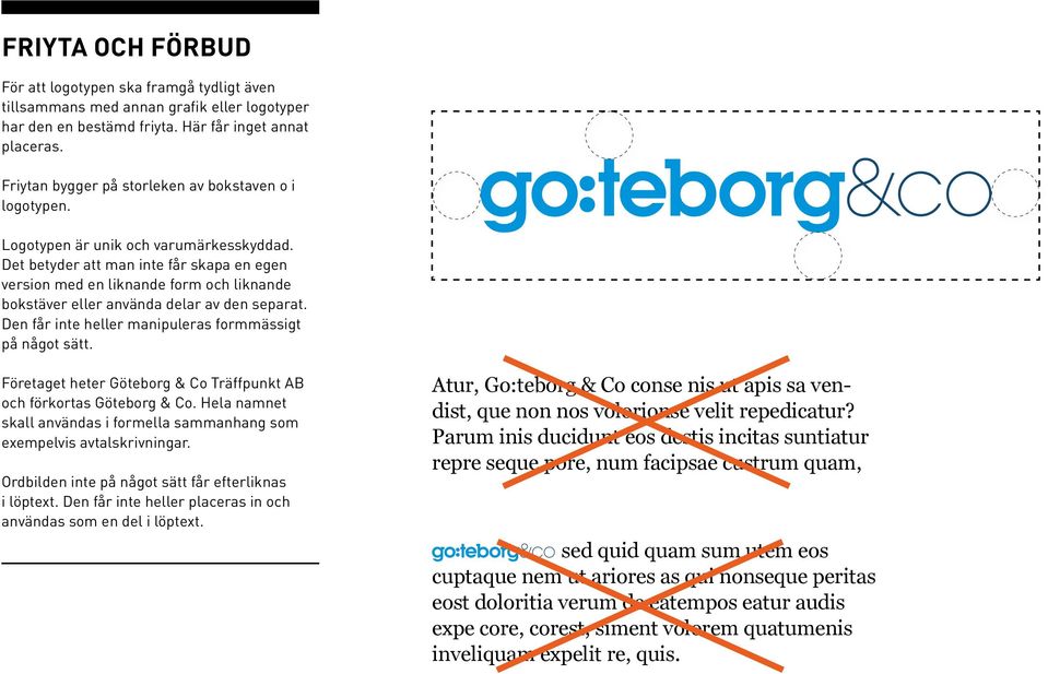 Det betyder att man inte får skapa en egen version med en liknande form och liknande bokstäver eller använda delar av den separat. Den får inte heller manipuleras formmässigt på något sätt.