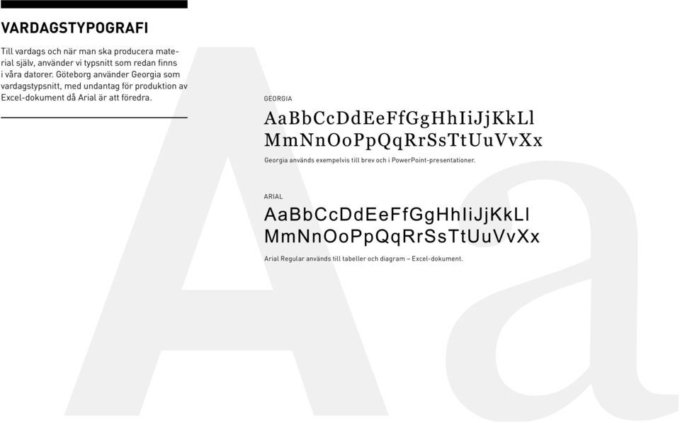Göteborg använder Georgia som vardagstypsnitt, med undantag för produktion av Excel-dokument då