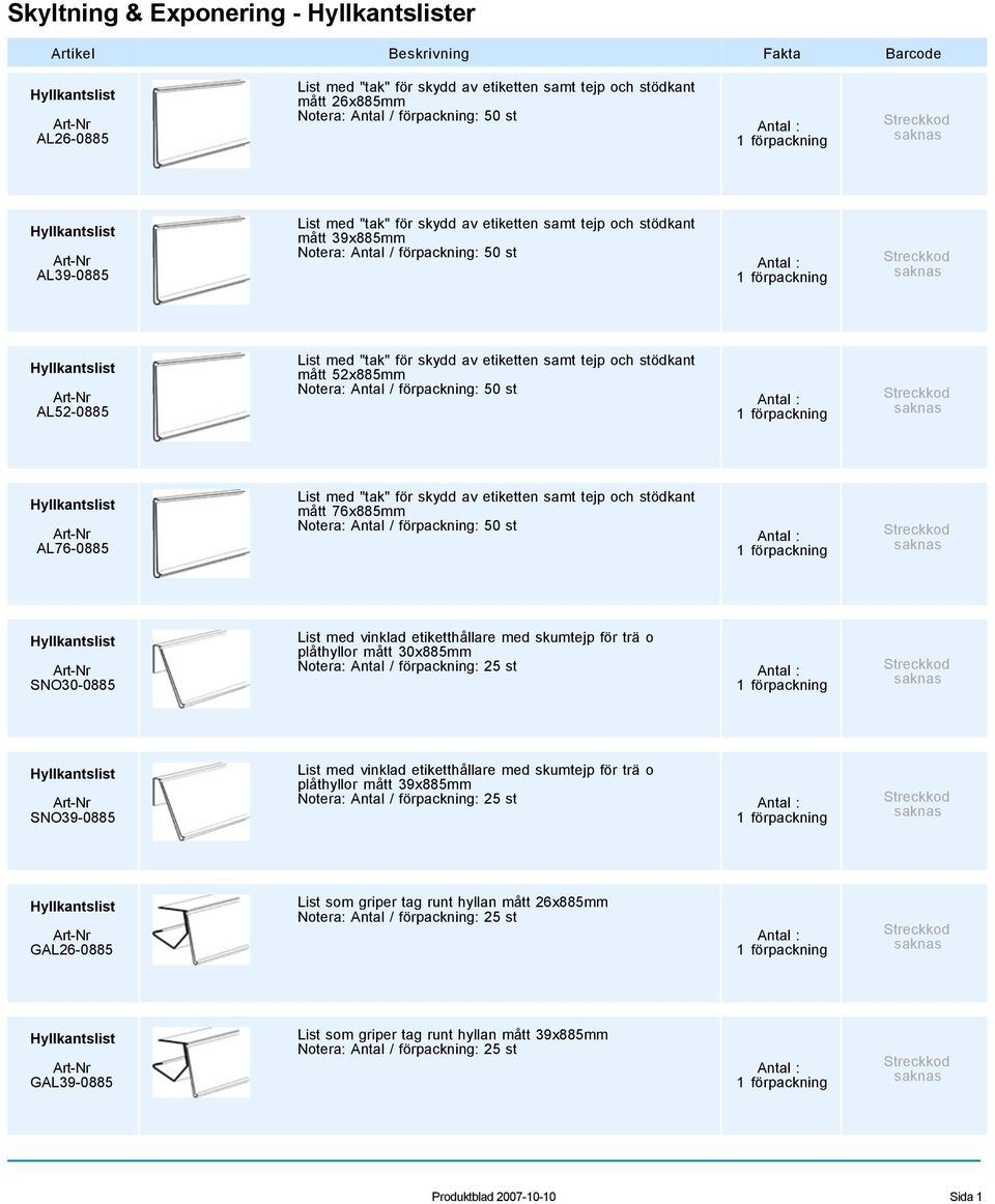 AL76-0885 List med "tak" för skydd av etiketten samt tejp och stödkant mått 76x885mm Notera: Antal / förpackning: 50 st SNO30-0885 List med vinklad etiketthållare med skumtejp för trä o plåthyllor