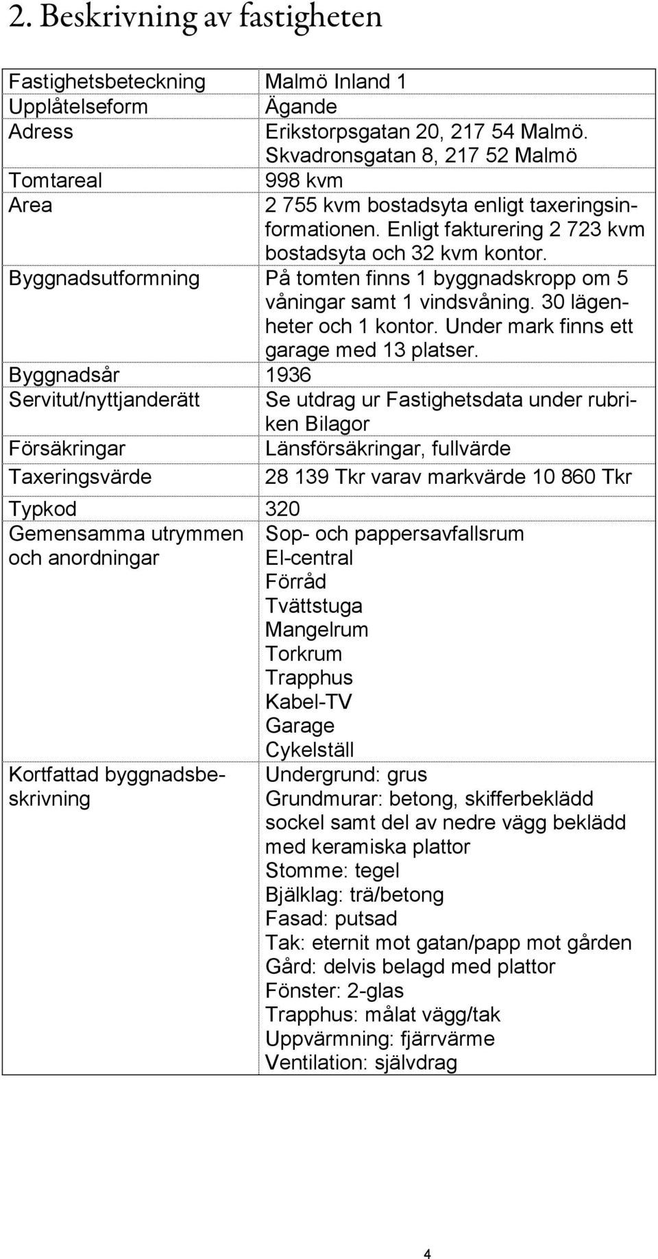 Byggnadsutformning På tomten finns 1 byggnadskropp om 5 våningar samt 1 vindsvåning. 30 lägenheter och 1 kontor. Under mark finns ett garage med 13 platser.