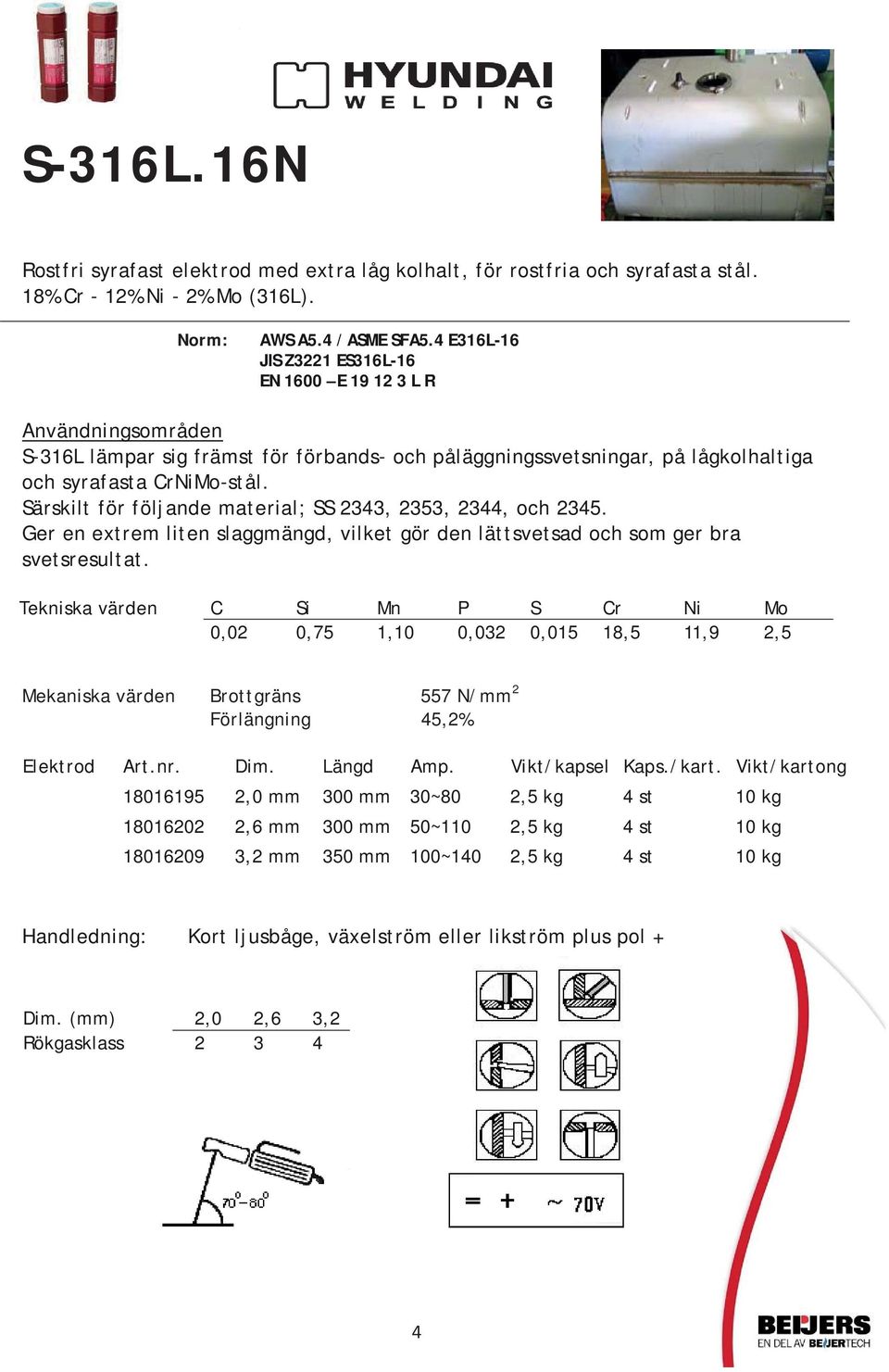 Särskilt för följande material; SS 2343, 2353, 2344, och 2345. Ger en extrem liten slaggmängd, vilket gör den lättsvetsad och som ger bra svetsresultat.