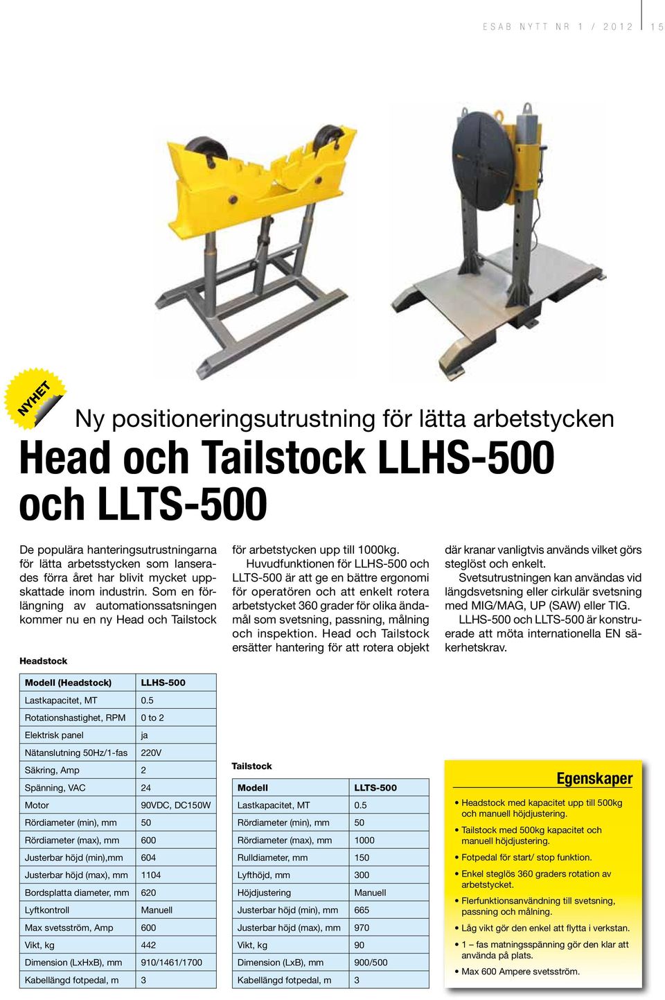 5 LLHS-500 Rotationshastighet, RPM 0 to 2 Elektrisk panel Nätanslutning 50Hz/1-fas Säkring, Amp 2 ja Spänning, VAC 24 Motor Rördiameter (min), mm 50 220V Rördiameter (max), mm 600 Justerbar höjd