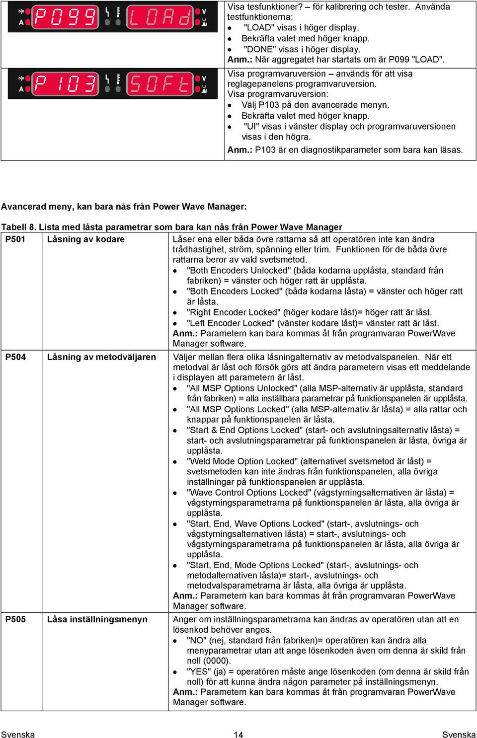 Bekräfta valet med höger knapp. "UI" visas i vänster display och programvaruversionen visas i den högra. Anm.: P103 är en diagnostikparameter som bara kan läsas.