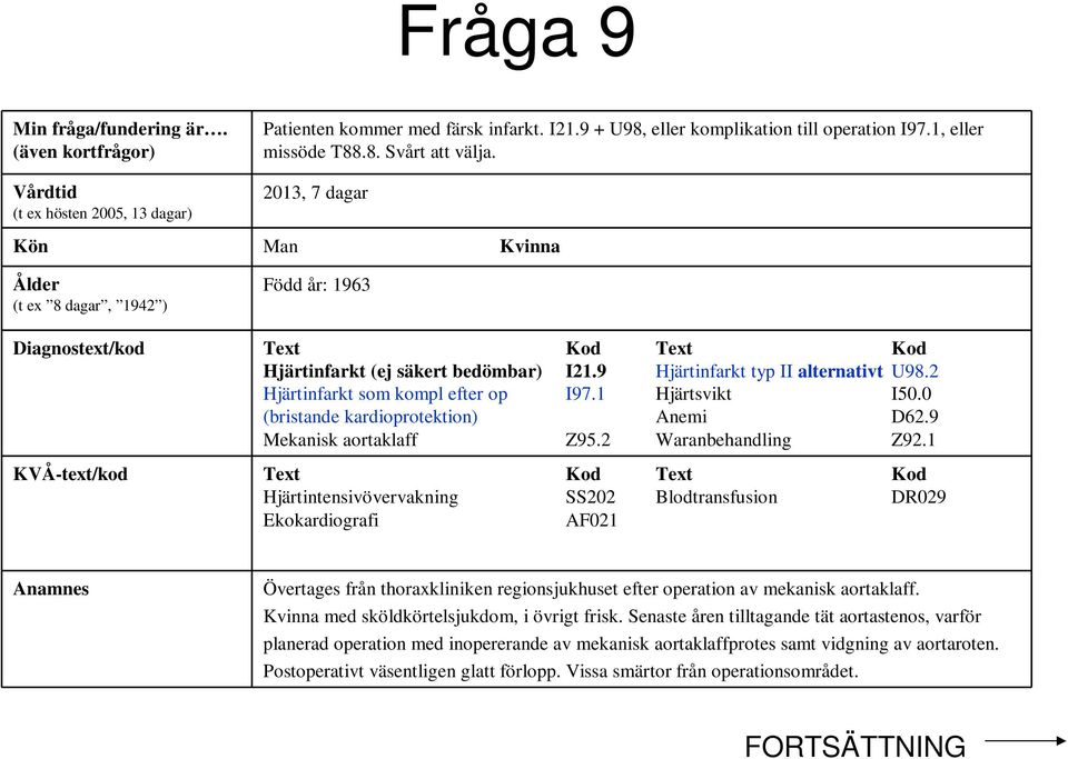 2 Hjärtinfarkt som kompl efter op I97.1 Hjärtsvikt I50.0 (bristande kardioprotektion) Anemi D62.9 Mekanisk aortaklaff Z95.2 Waranbehandling Z92.