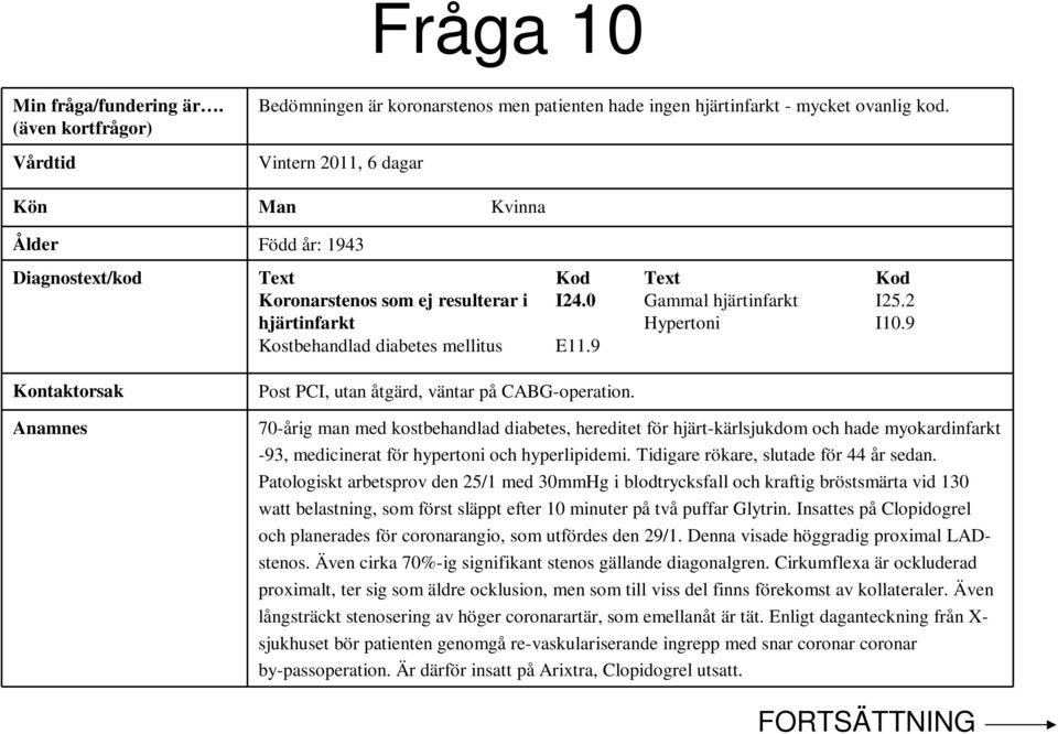 9 Kostbehandlad diabetes mellitus E11.9 Kontaktorsak Anamnes Post PCI, utan åtgärd, väntar på CABG-operation.