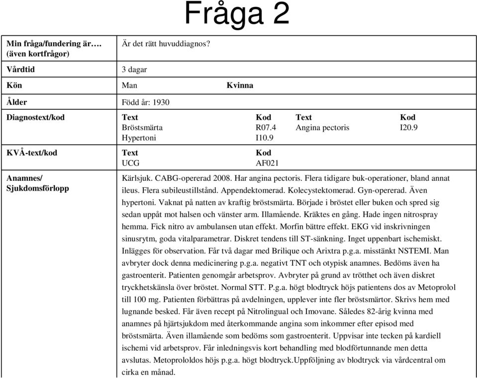 Flera subileustillstånd. Appendektomerad. Kolecystektomerad. Gyn-opererad. Även hypertoni. Vaknat på natten av kraftig bröstsmärta.