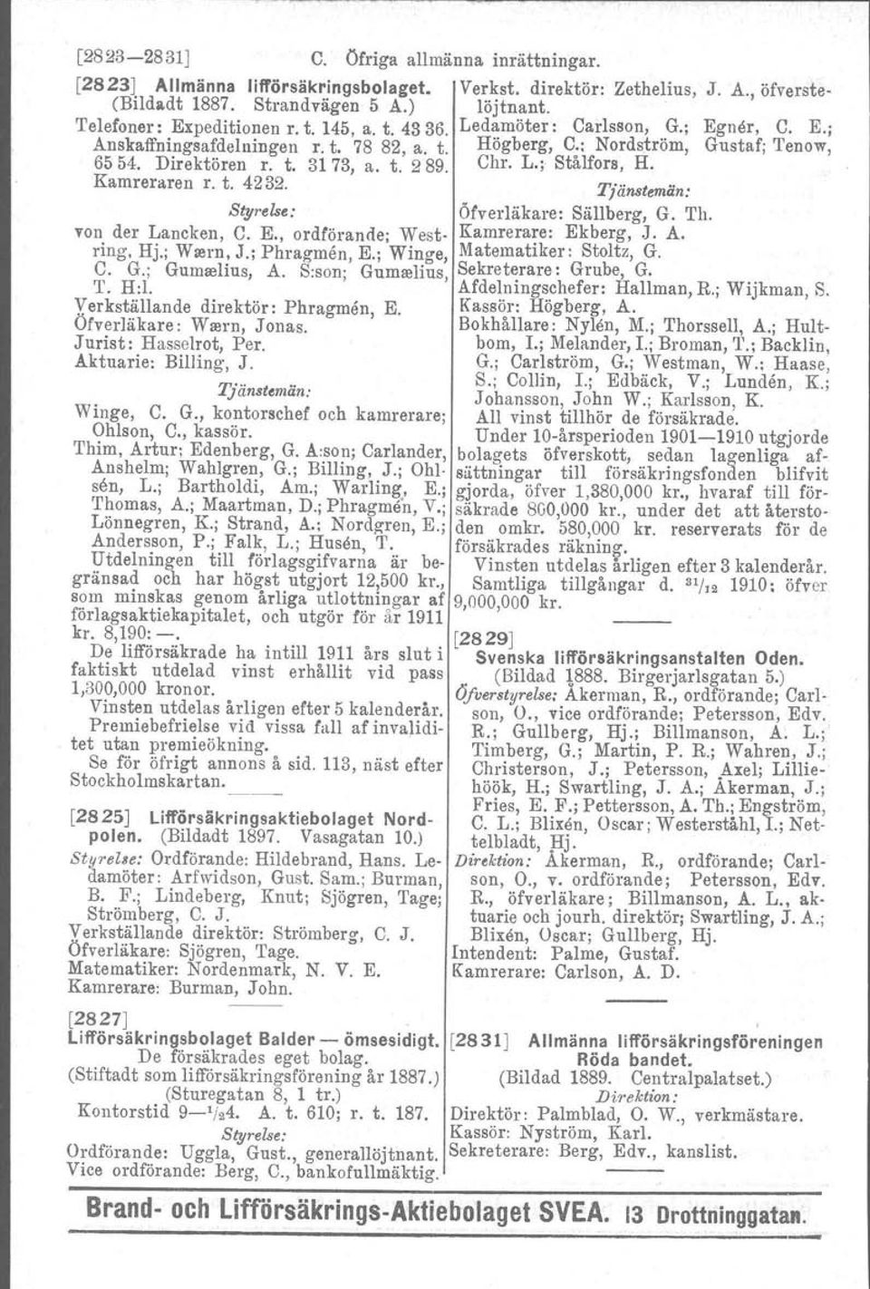 Kamreraren r. t. 4232. Tjänstemän: Öfverläkare: Sällberg, G. Th. von der Lancken, C. E., ordförande; West- Kamrera:e: Ekberg,.J. A. ring. Hj.; Wrern, J.; Phragmen, E.; Winge, Matematiker: Stoltz, G.