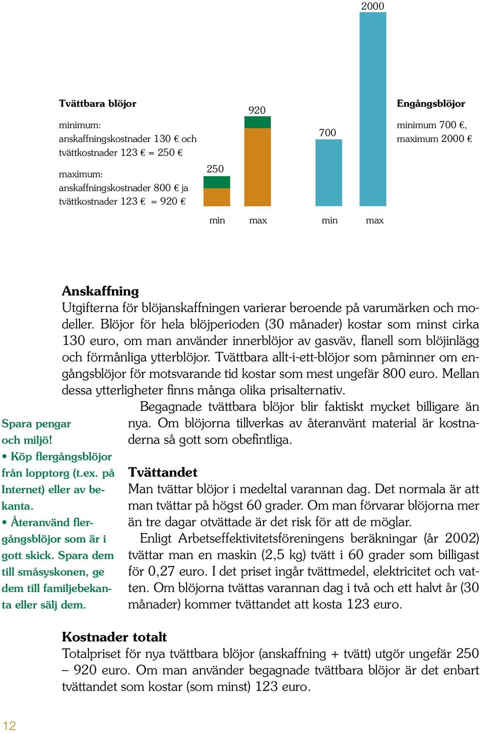 Blöjor för hela blöjperioden (30 månader) kostar som minst cirka 130 euro, om man använder innerblöjor av gasväv, fl anell som blöjinlägg och förmånliga ytterblöjor.