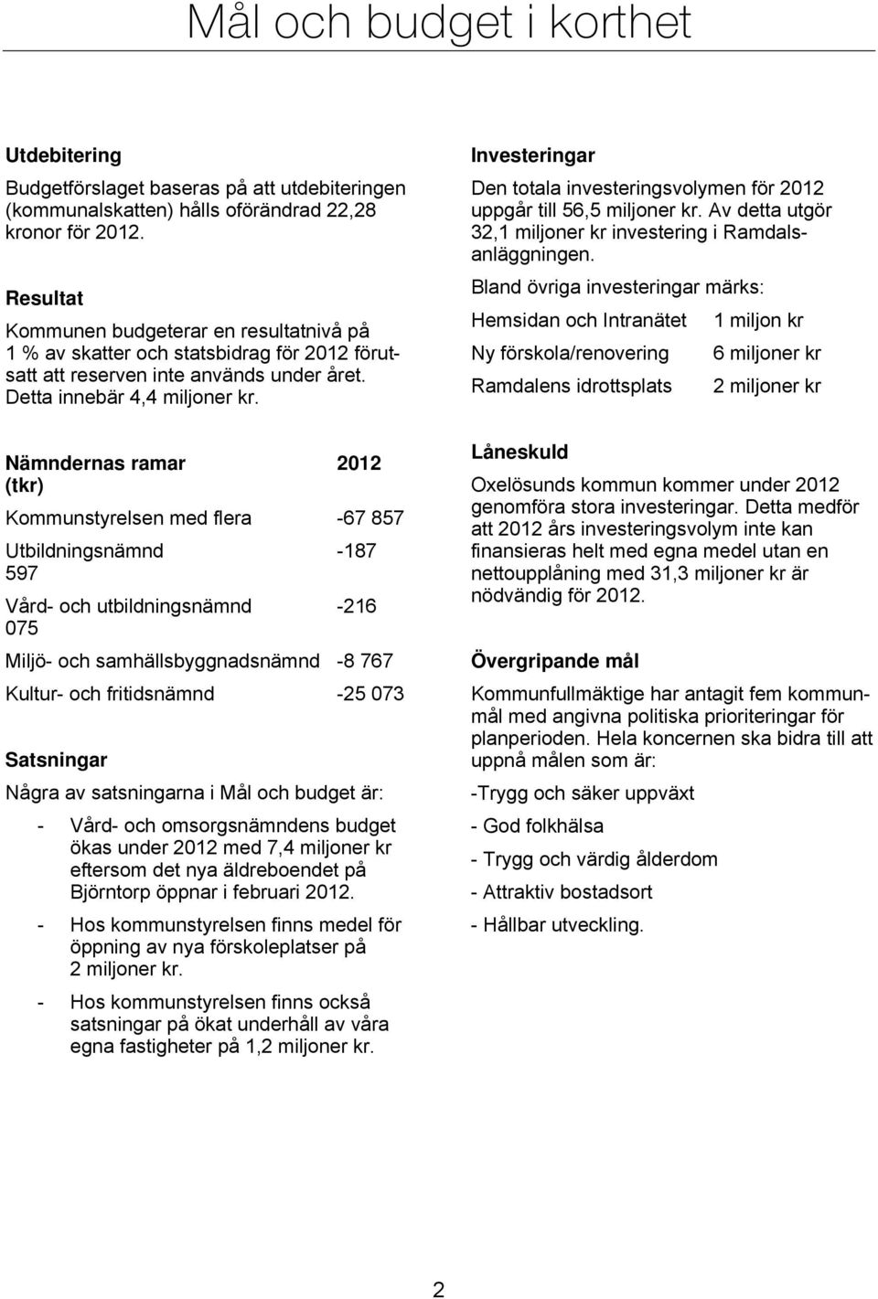 Nämndernas ramar 2012 (tkr) Kommunstyrelsen med flera -67 857 Utbildningsnämnd -187 597 Vård- och utbildningsnämnd -216 075 Miljö- och samhällsbyggnadsnämnd -8 767 Kultur- och fritidsnämnd -25 073