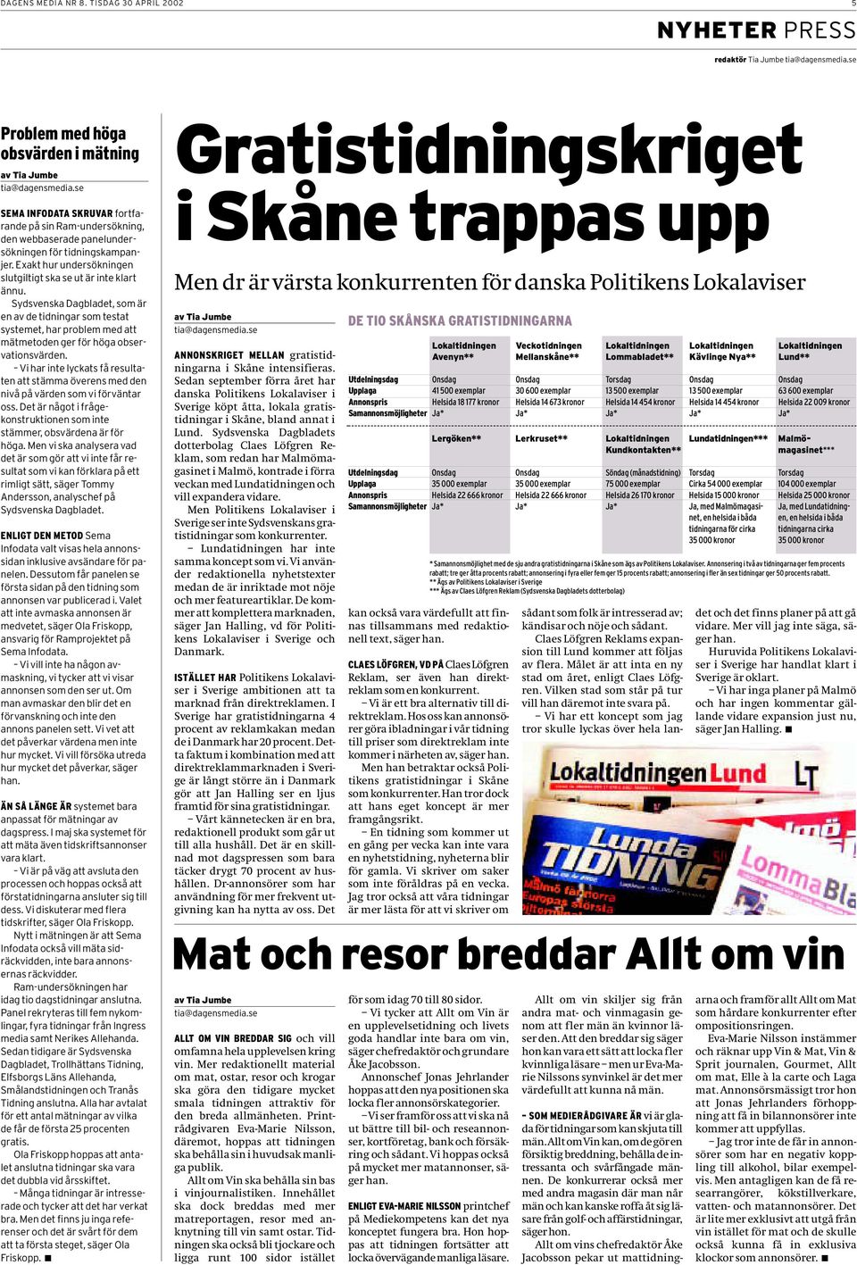 Sydsvenska Dagbladet, som är en av de tidningar som testat systemet, har problem med att mätmetoden ger för höga observationsvärden.