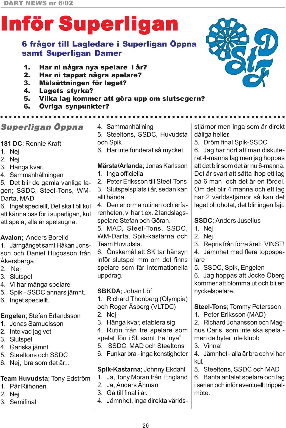 Det blir de gamla vanliga lagen; SSDC, Steel-Tons, WM- Darta, MAD 6. Inget speciellt, Det skall bli kul att känna oss för i superligan, kul att spela, alla är spelsugna. Avalon; Anders Borelid 1.