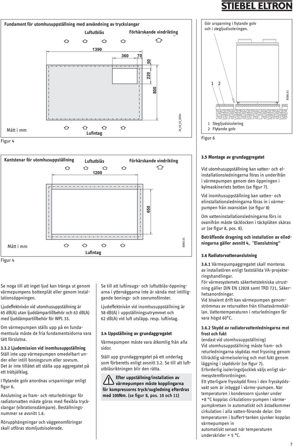 värmepumpens bottenplåt eller genom installationsöppningen. Ljudeffektnivån vid utomhusuppställning är 65 db(a) utan ljuddämpartillbehör och 63 db(a) med ljuddämpartillbehör för WPL 33.