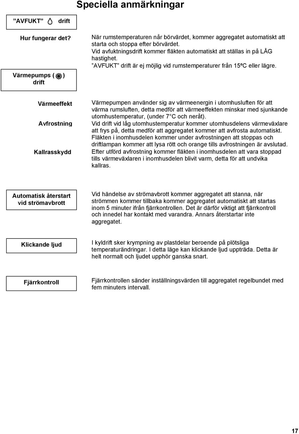 Värmeeffekt Avfrostning Kallrasskydd Värmepumpen använder sig av värmeenergin i utomhusluften för att värma rumsluften, detta medför att värmeeffekten minskar med sjunkande utomhustemperatur, (under