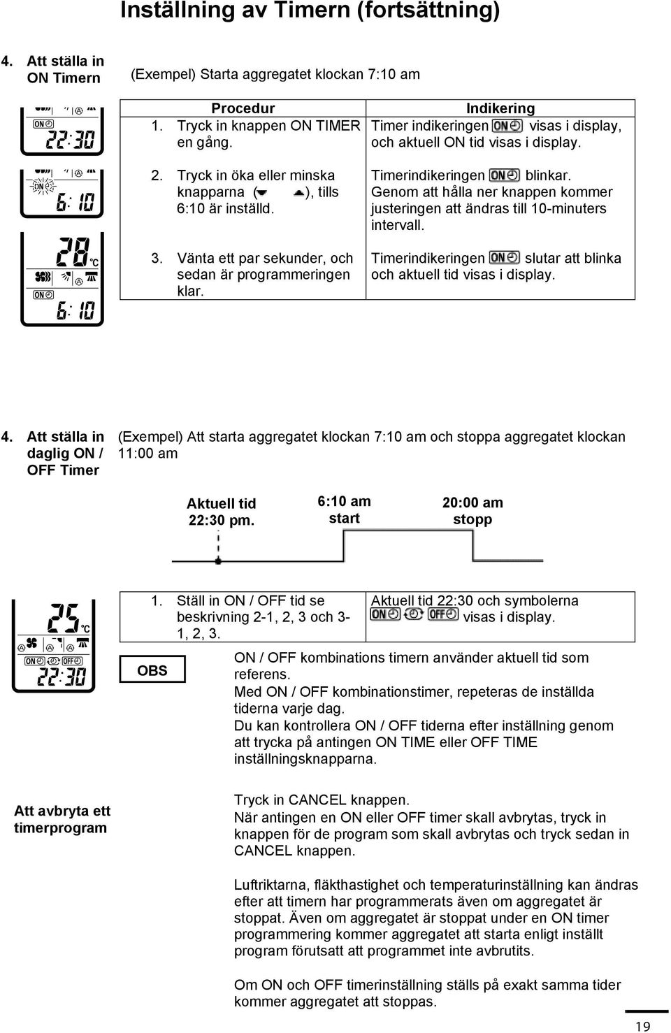 Indikering Timer indikeringen visas i display, och aktuell ON tid visas i display. Timerindikeringen blinkar. Genom att hålla ner knappen kommer justeringen att ändras till 10-minuters intervall.