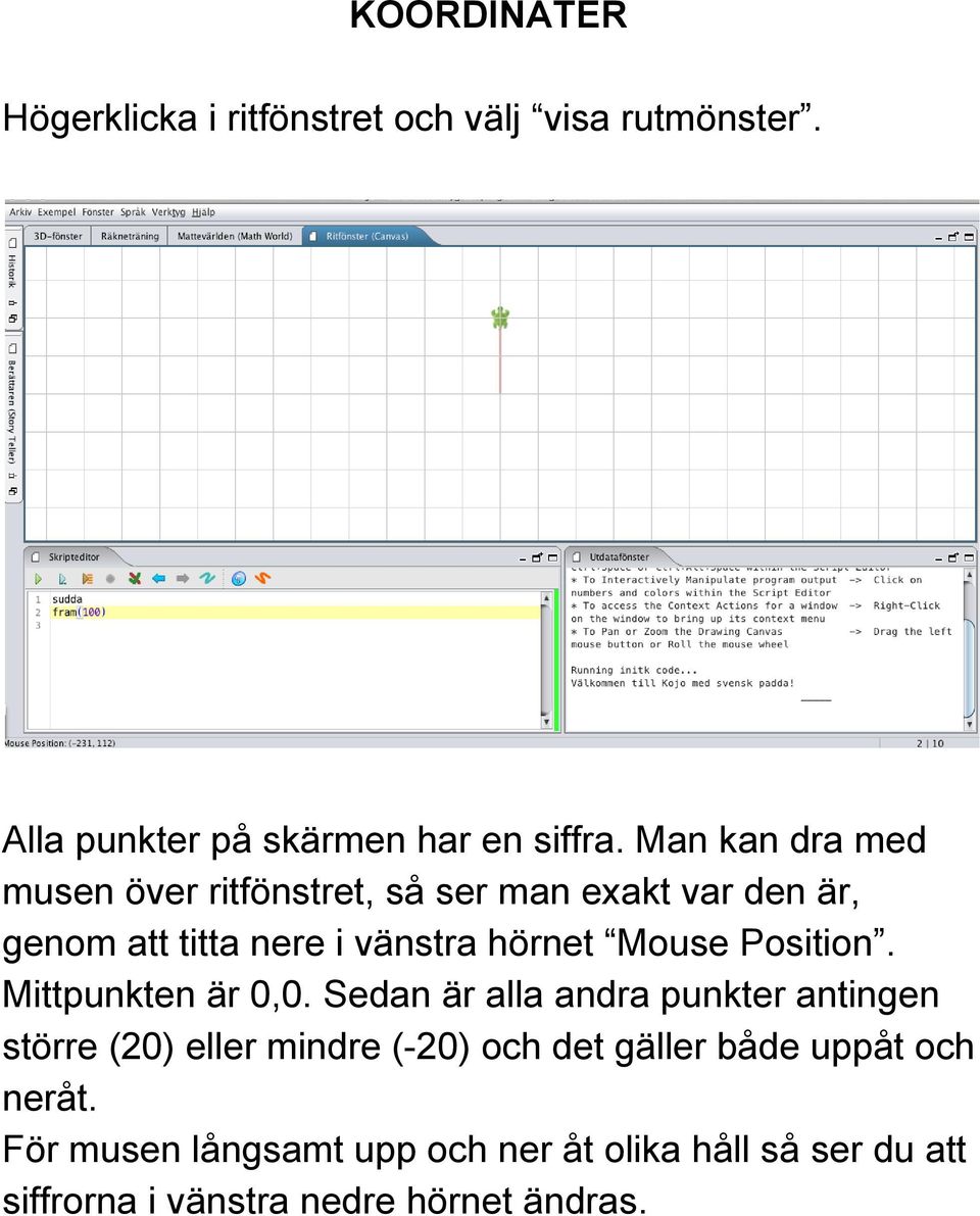 Position. Mittpunkten är 0,0.