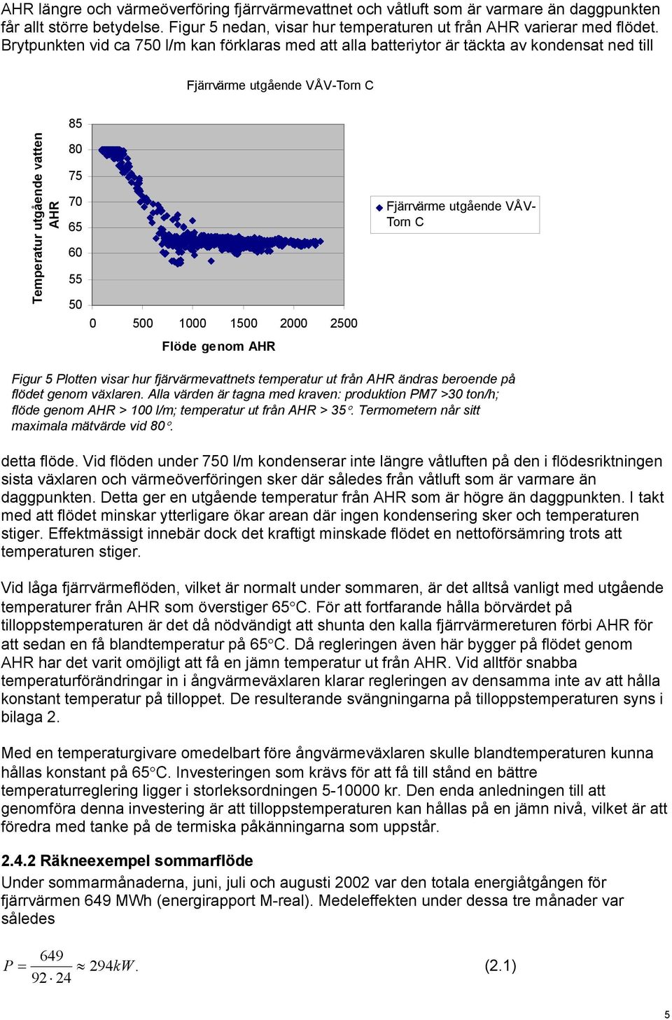 2000 2500 Flöde genom AHR Fjärrvärme utgående VÅV- Torn C Figur 5 Plotten visar hur fjärvärmevattnets temperatur ut från AHR ändras beroende på flödet genom växlaren.