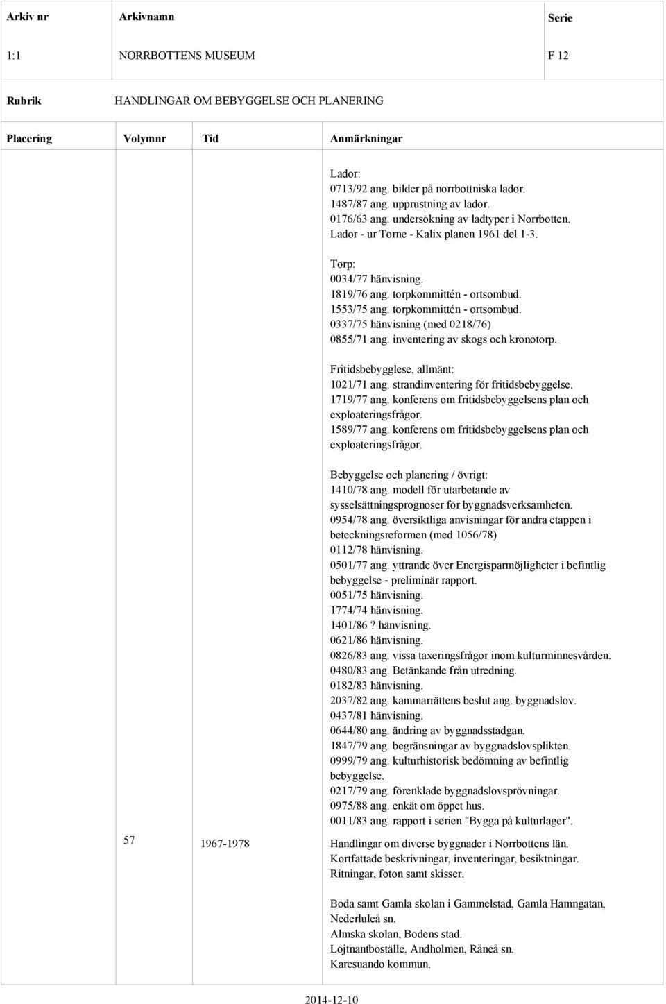 Fritidsbebygglese, allmänt: 1021/71 ang. strandinventering för fritidsbebyggelse. 1719/77 ang. konferens om fritidsbebyggelsens plan och exploateringsfrågor. 1589/77 ang.