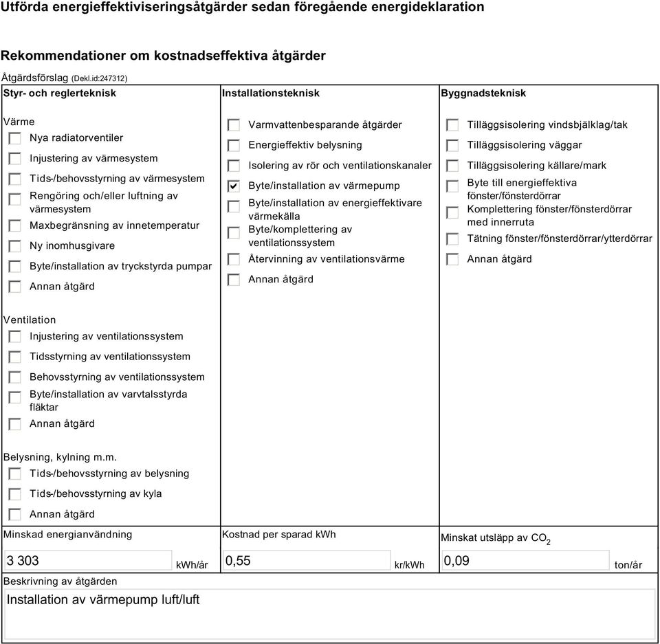 värmesystem Maxbegränsning av innetemperatur Ny inomhusgivare Byte/installation av tryckstyrda pumpar b Varmvattenbesparande åtgärder Energieffektiv belysning Isolering av rör och ventilationskanaler