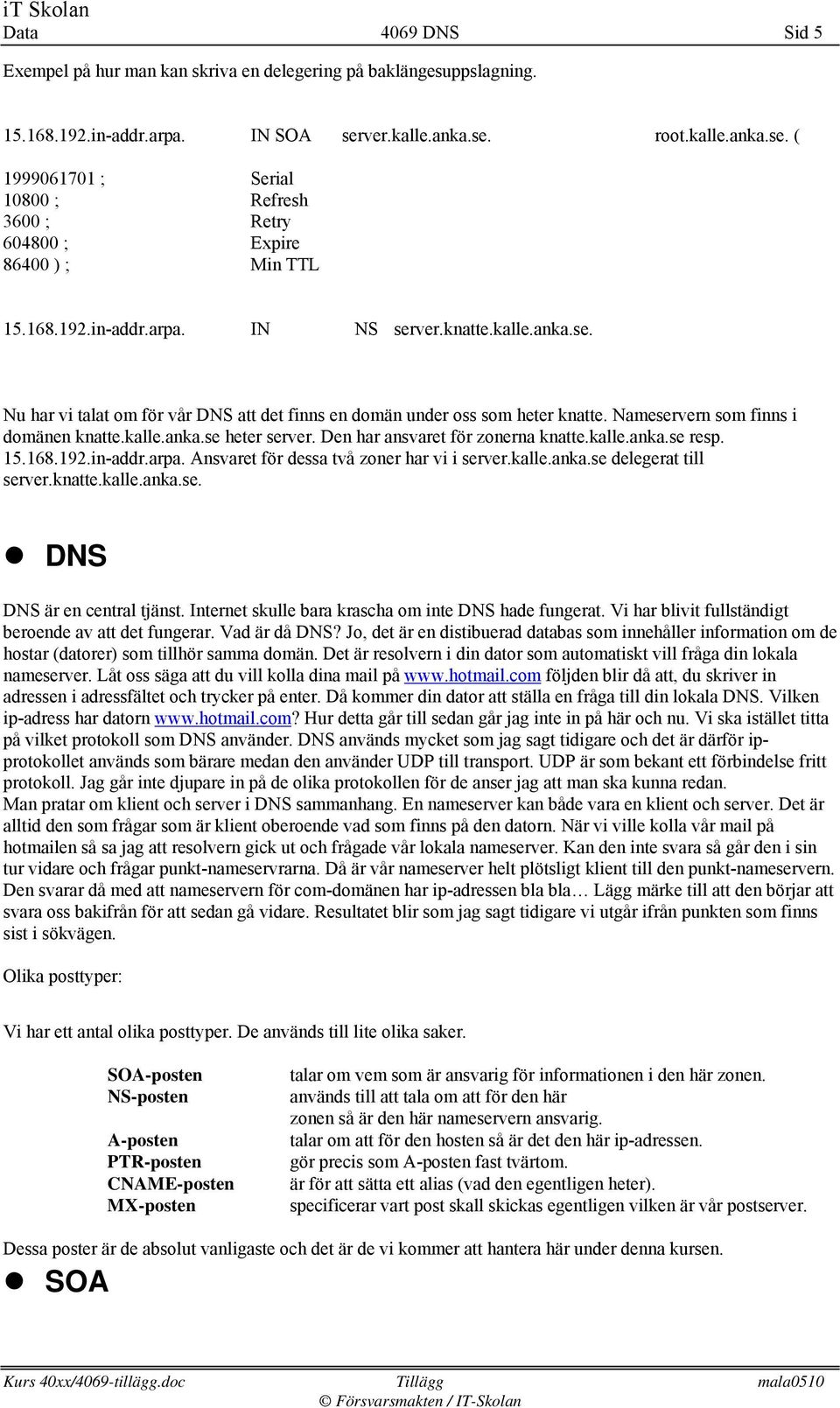 Nameservern som finns i domänen knatte.kalle.anka.se heter server. Den har ansvaret för zonerna knatte.kalle.anka.se resp. 15.168.192.in-addr.arpa. Ansvaret för dessa två zoner har vi i server.kalle.anka.se delegerat till server.