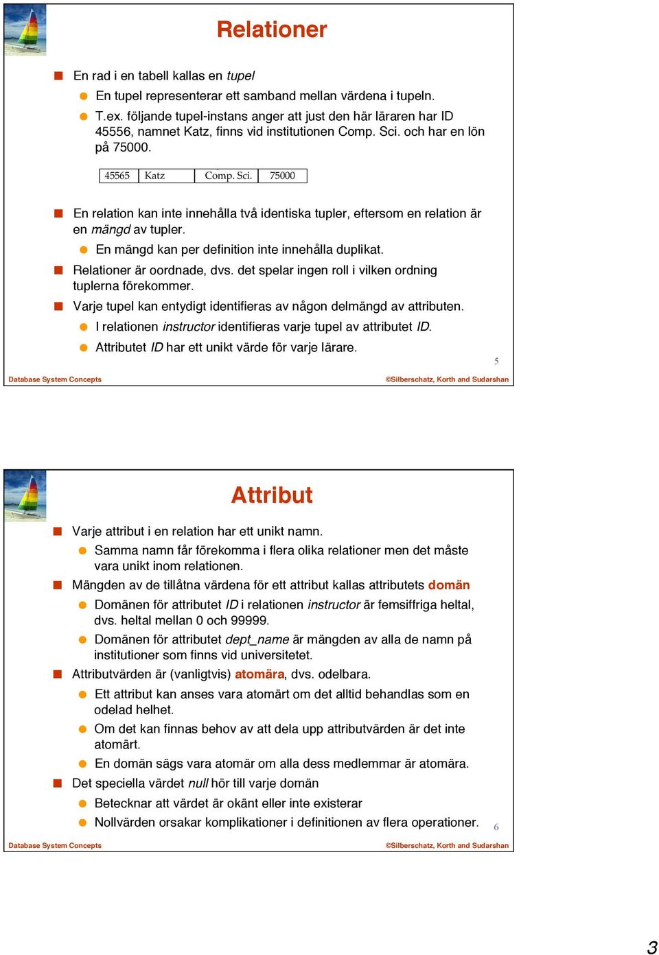 En relation kan inte innehålla två identiska tupler, eftersom en relation är en mängd av tupler. En mängd kan per definition inte innehålla duplikat. Relationer är oordnade, dvs.