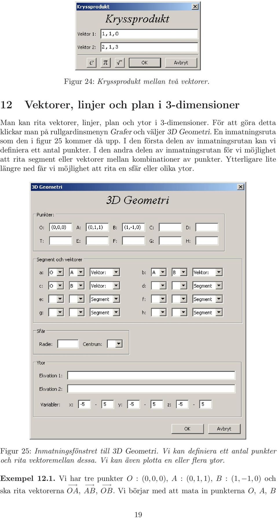 I den första delen av inmatningsrutan kan vi definiera ett antal punkter. I den andra delen av inmatningsrutan för vi möjlighet att rita segment eller vektorer mellan kombinationer av punkter.