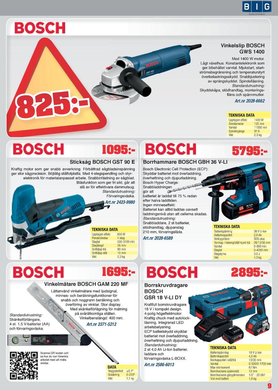 nr 2423-9980 TEKNISKA Upptagen effekt 650 W Pendelrörelse 4 steg Slagtal 500-3100 min Slaglängd 26 mm Snittdjup trä 90 mm Snittdjup stål 10 mm 2,3 kg Borrhammare BOSCH GBH 36 V-LI Vinkelslip BOSCH