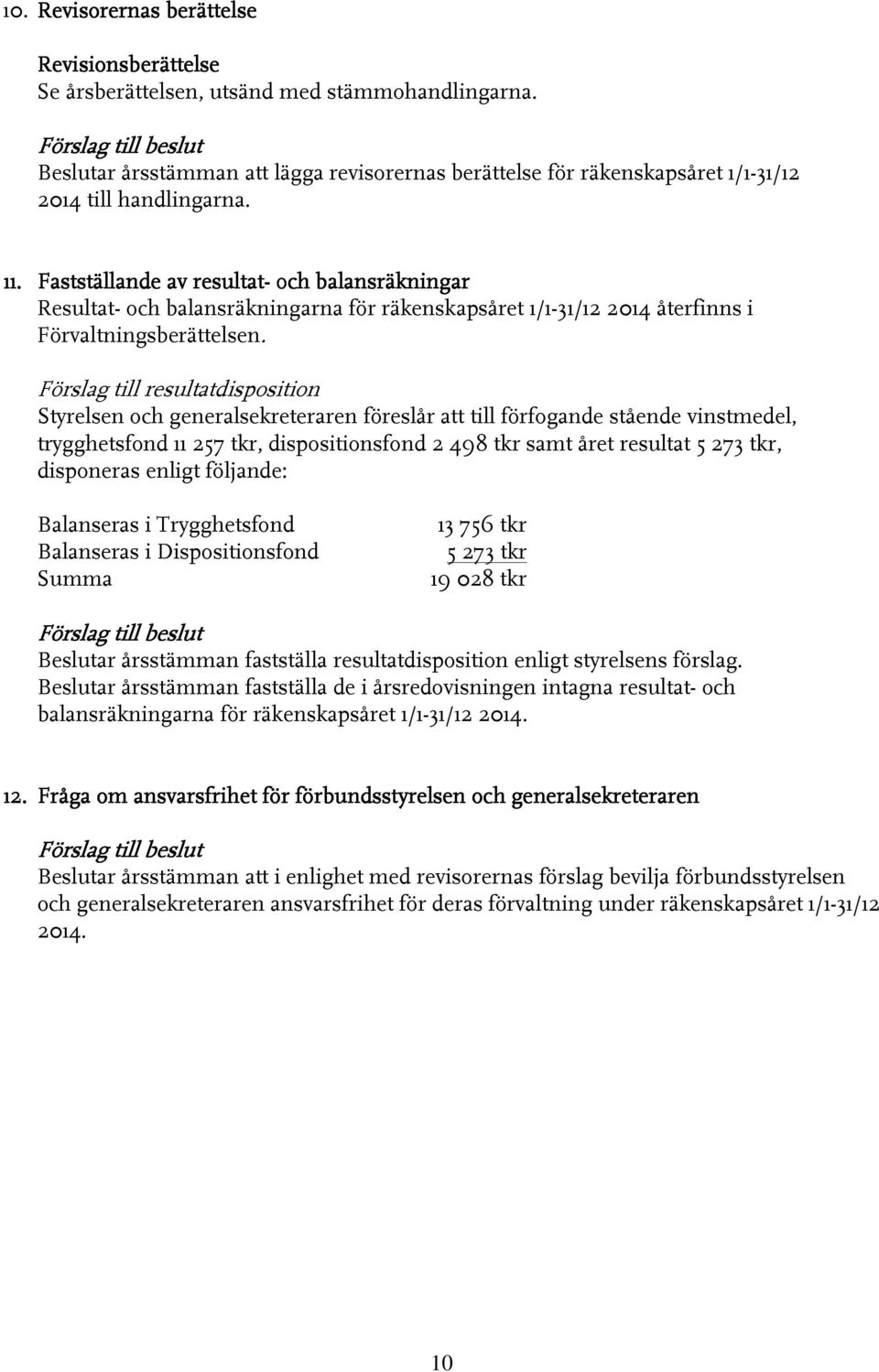 Fastställande av resultat- och balansräkningar Resultat- och balansräkningarna för räkenskapsåret 1/1-31/12 2014 återfinns i Förvaltningsberättelsen.