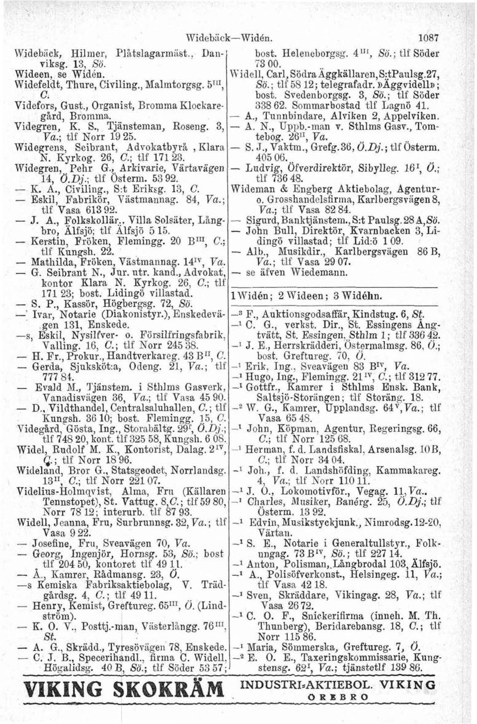 ~ommarbyogad ilf ~'a~nö 41. gård, Bromma. A., Tunnbindare, Alviken 2, Appelviken. Videgren, R. S., Tjänsteman, Roseng. 3, - A. N., Uppb.-man v. Sthlms Gasv., Tom- Va.