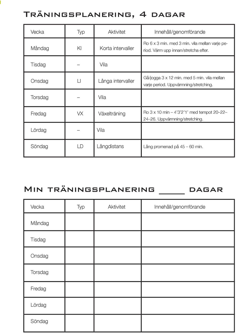 Uppvärmning/stretching. Torsdag Vila Fredag VX Växelträning Ro 3 x 10 min 4 3 2 1 med tempot 20 22 24 26. Uppvärmning/stretching.