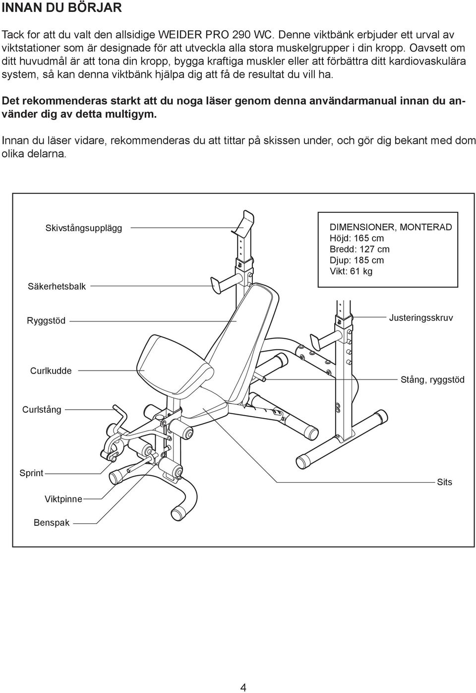 Det rekommenderas starkt att du noga läser genom denna användarmanual innan du använder dig av detta multigym.