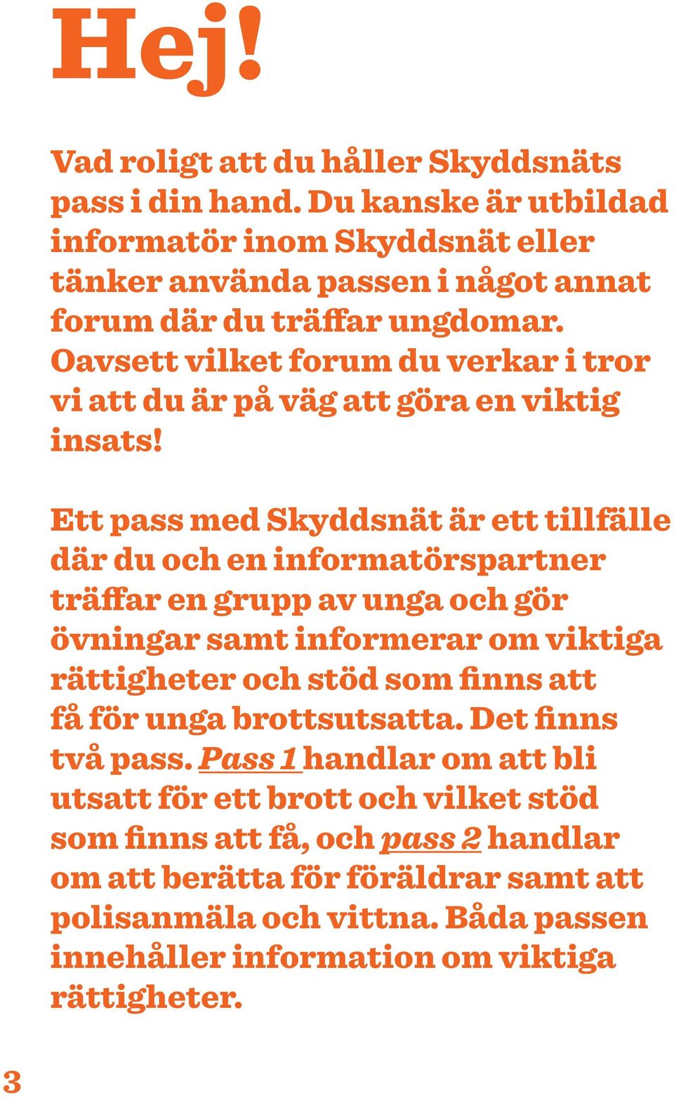 Ett pass med Skyddsnät är ett tillfälle där du och en informatörspartner träffar en grupp av unga och gör övningar samt informerar om viktiga rättigheter och stöd som finns att