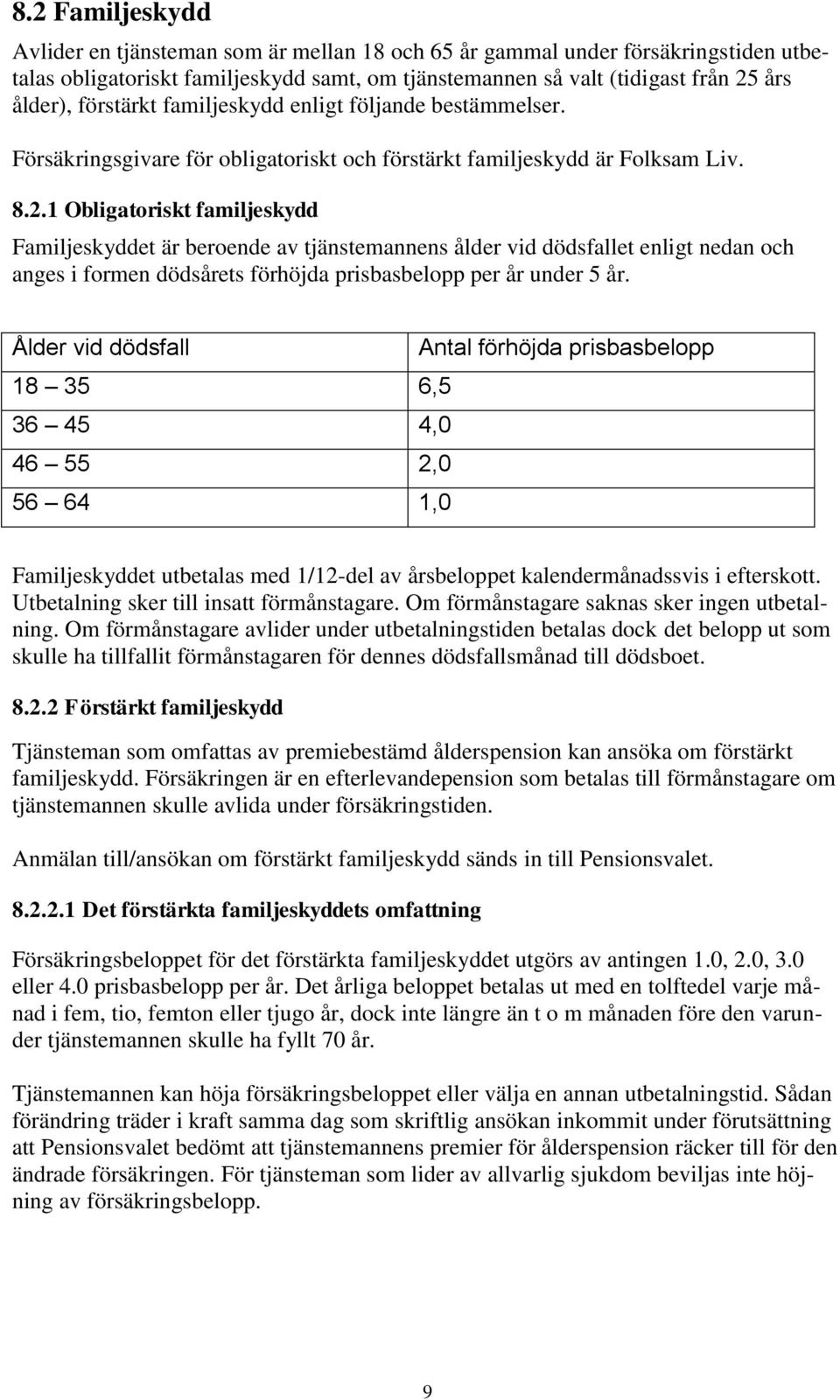 1 Obligatoriskt familjeskydd Familjeskyddet är beroende av tjänstemannens ålder vid dödsfallet enligt nedan och anges i formen dödsårets förhöjda prisbasbelopp per år under 5 år.