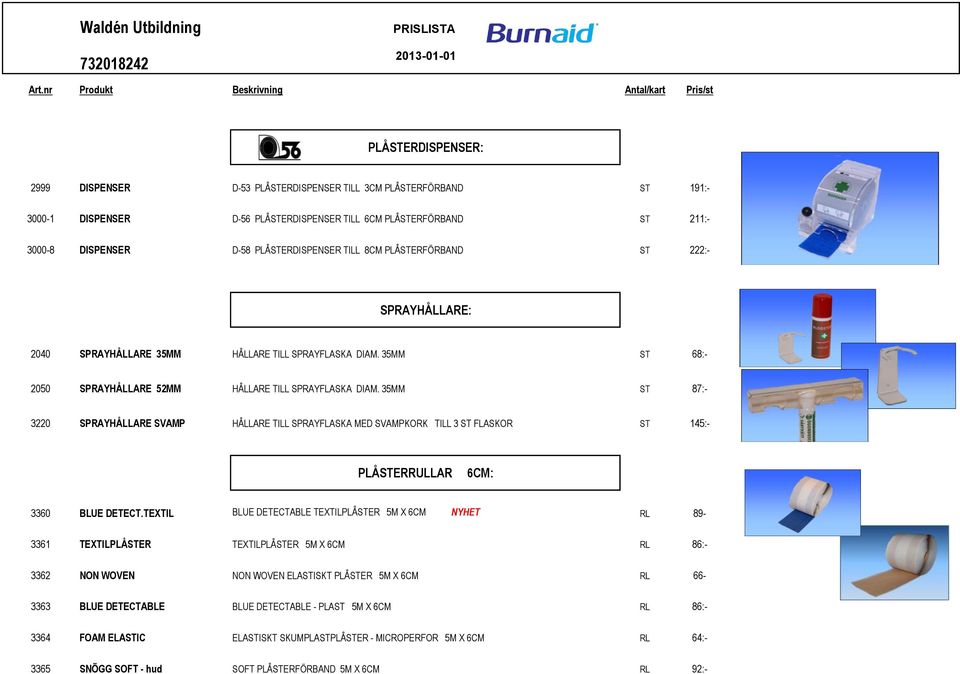 211:- 3000-8 DISPENSER D-58 PLÅSTERDISPENSER TILL 8CM PLÅSTERFÖRBAND ST 222:- SPRAYHÅLLARE: 2040 SPRAYHÅLLARE 35MM HÅLLARE TILL SPRAYFLASKA DIAM.