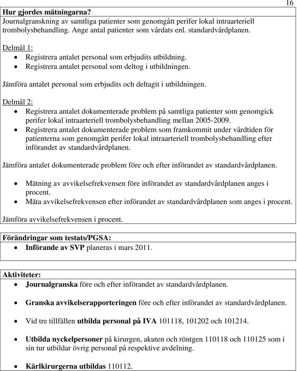 Delmål 2: Registrera antalet dokumenterade problem på samtliga patienter som genomgick perifer lokal intraarteriell trombolysbehandling mellan 2005-2009.