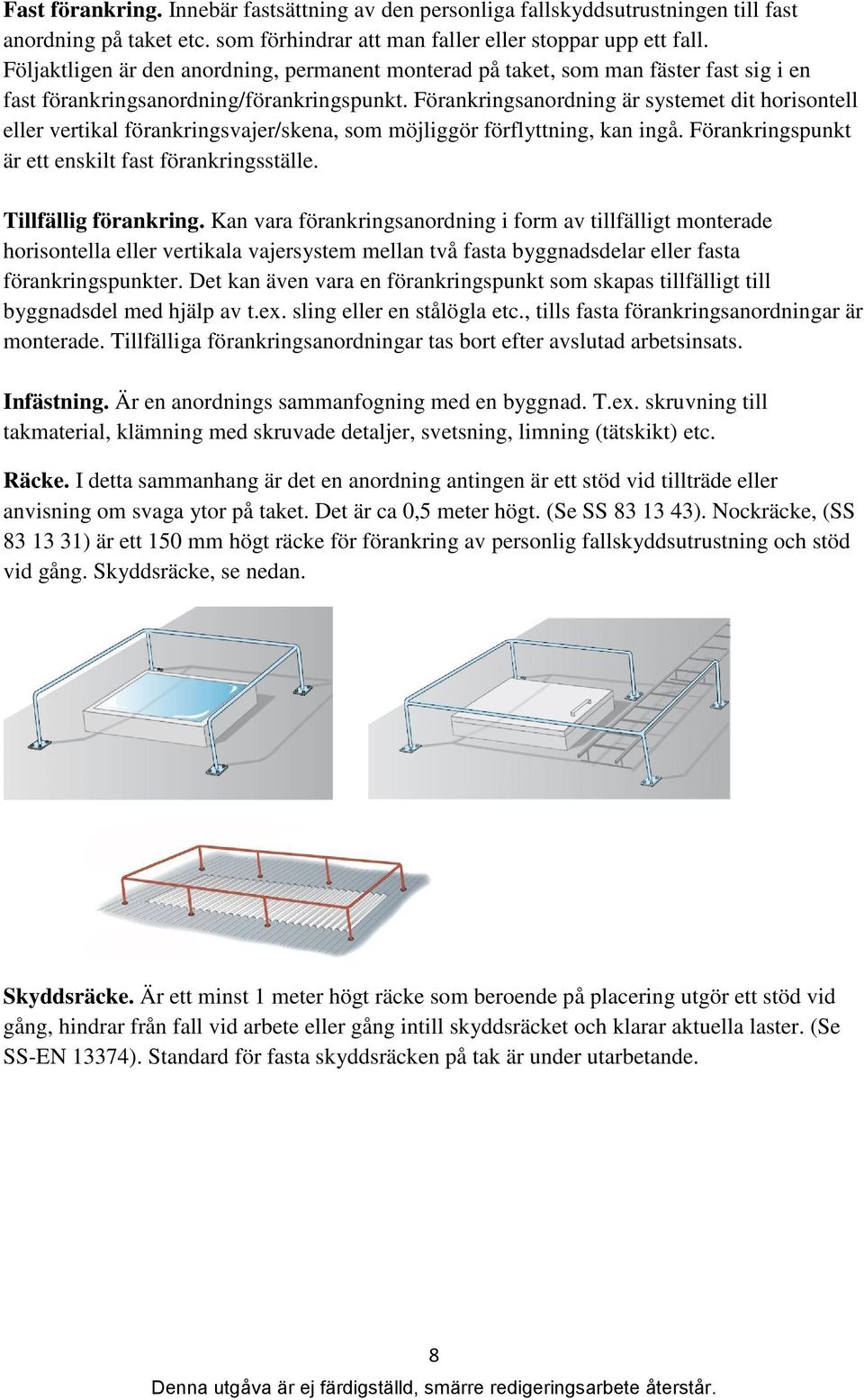 Förankringsanordning är systemet dit horisontell eller vertikal förankringsvajer/skena, som möjliggör förflyttning, kan ingå. Förankringspunkt är ett enskilt fast förankringsställe.