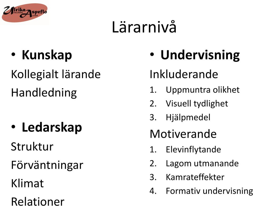 Uppmuntra olikhet 2. Visuell tydlighet 3. Hjälpmedel Motiverande 1.