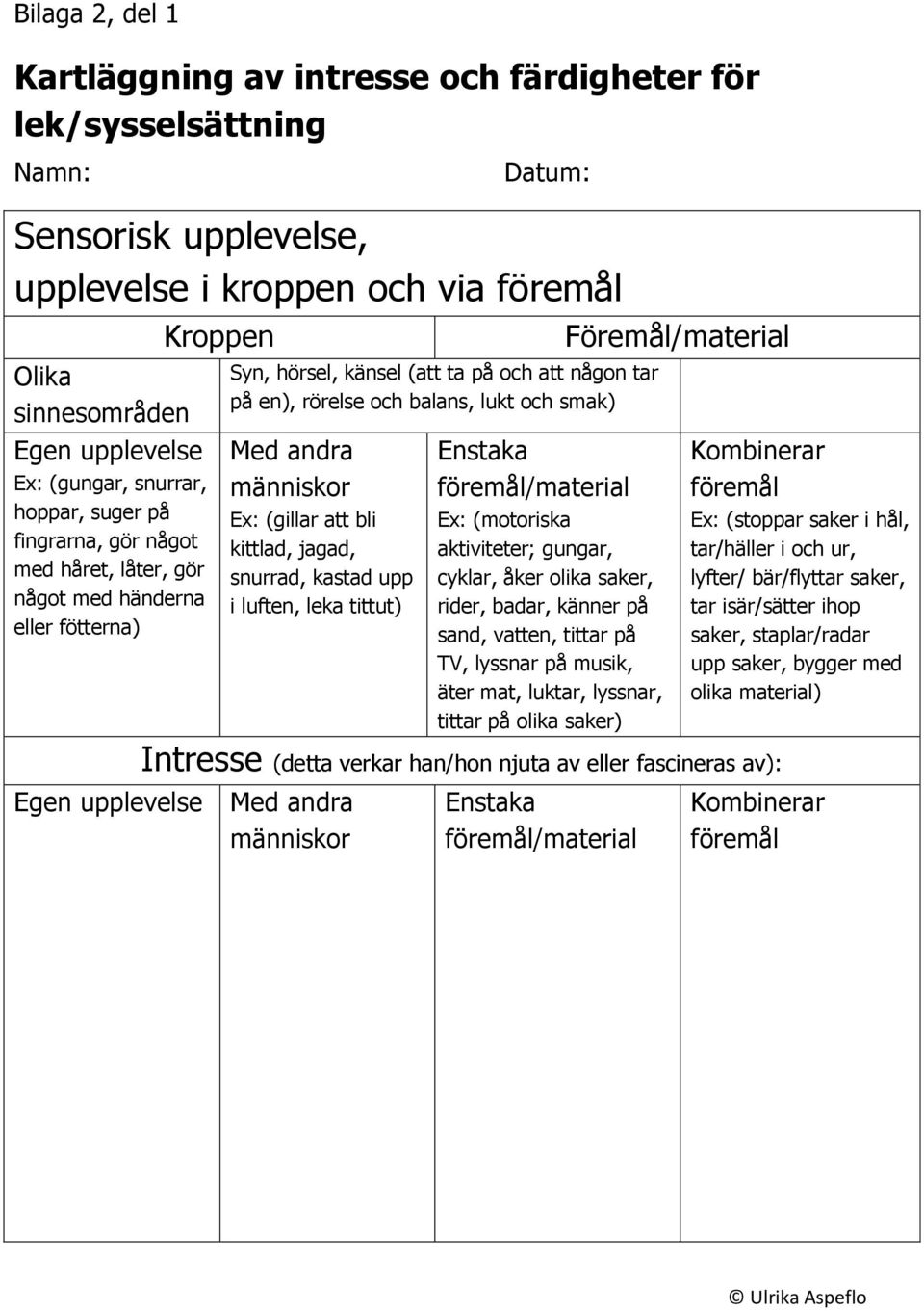 lukt och smak) Med andra människor Ex: (gillar att bli kittlad, jagad, snurrad, kastad upp i luften, leka tittut) Enstaka föremål/material Ex: (motoriska aktiviteter; gungar, cyklar, åker olika