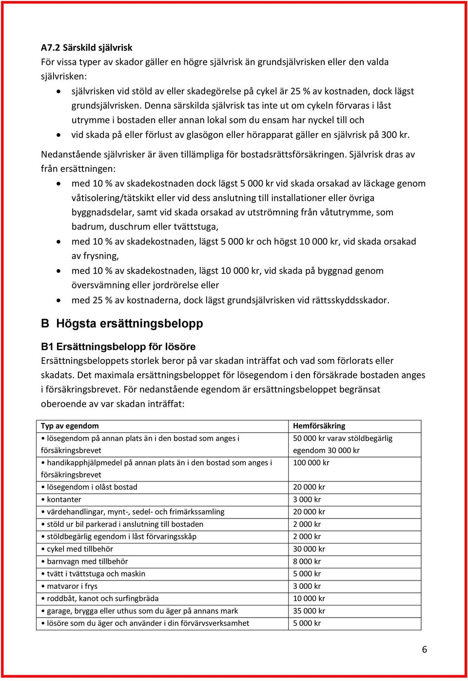 Denna särskilda självrisk tas inte ut om cykeln förvaras i låst utrymme i bostaden eller annan lokal som du ensam har nyckel till och vid skada på eller förlust av glasögon eller hörapparat gäller en