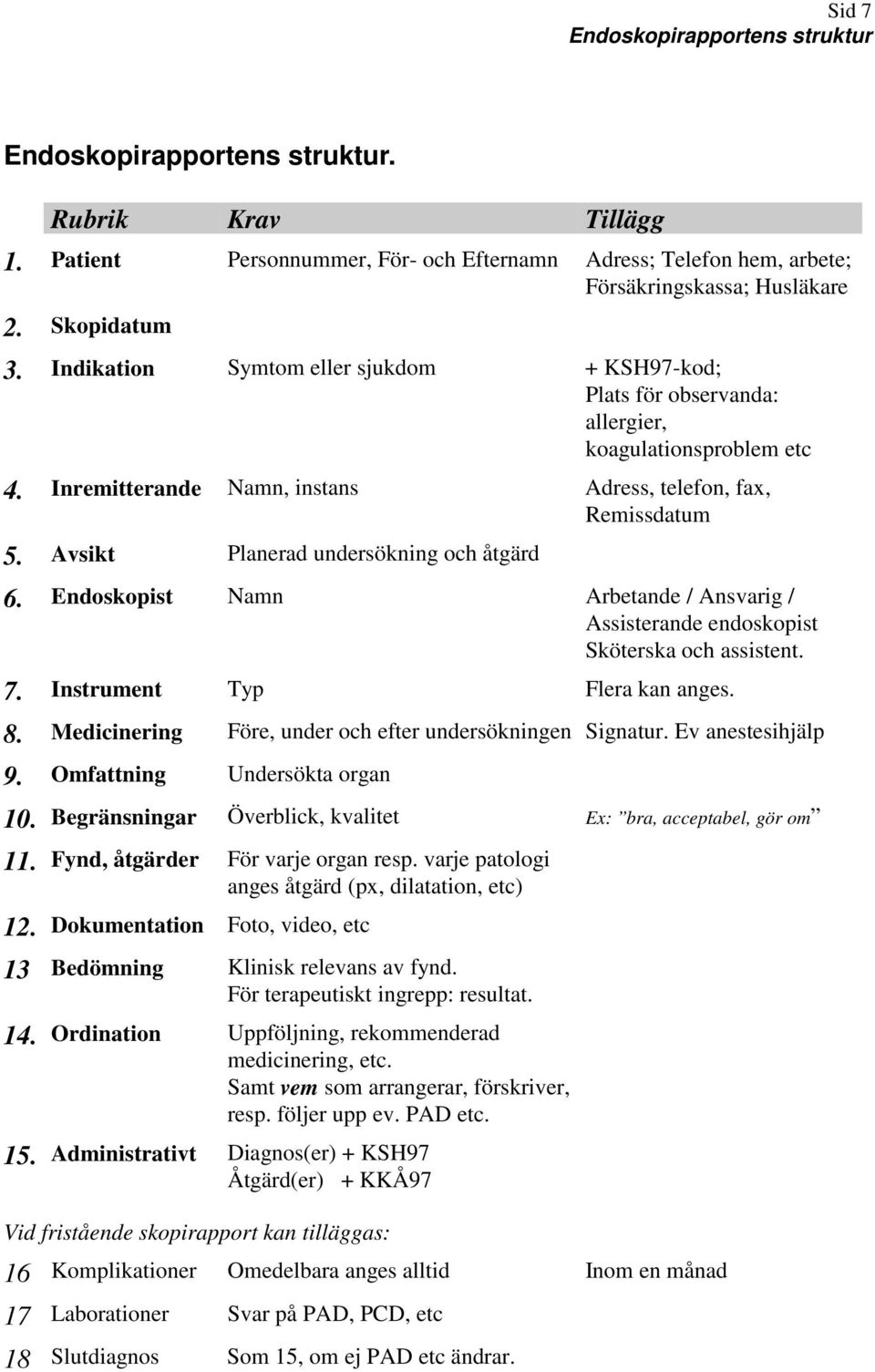 Avsikt Planerad undersökning och åtgärd 6. Endoskopist Namn Arbetande / Ansvarig / Assisterande endoskopist Sköterska och assistent. 7. Instrument Typ Flera kan anges. 8.