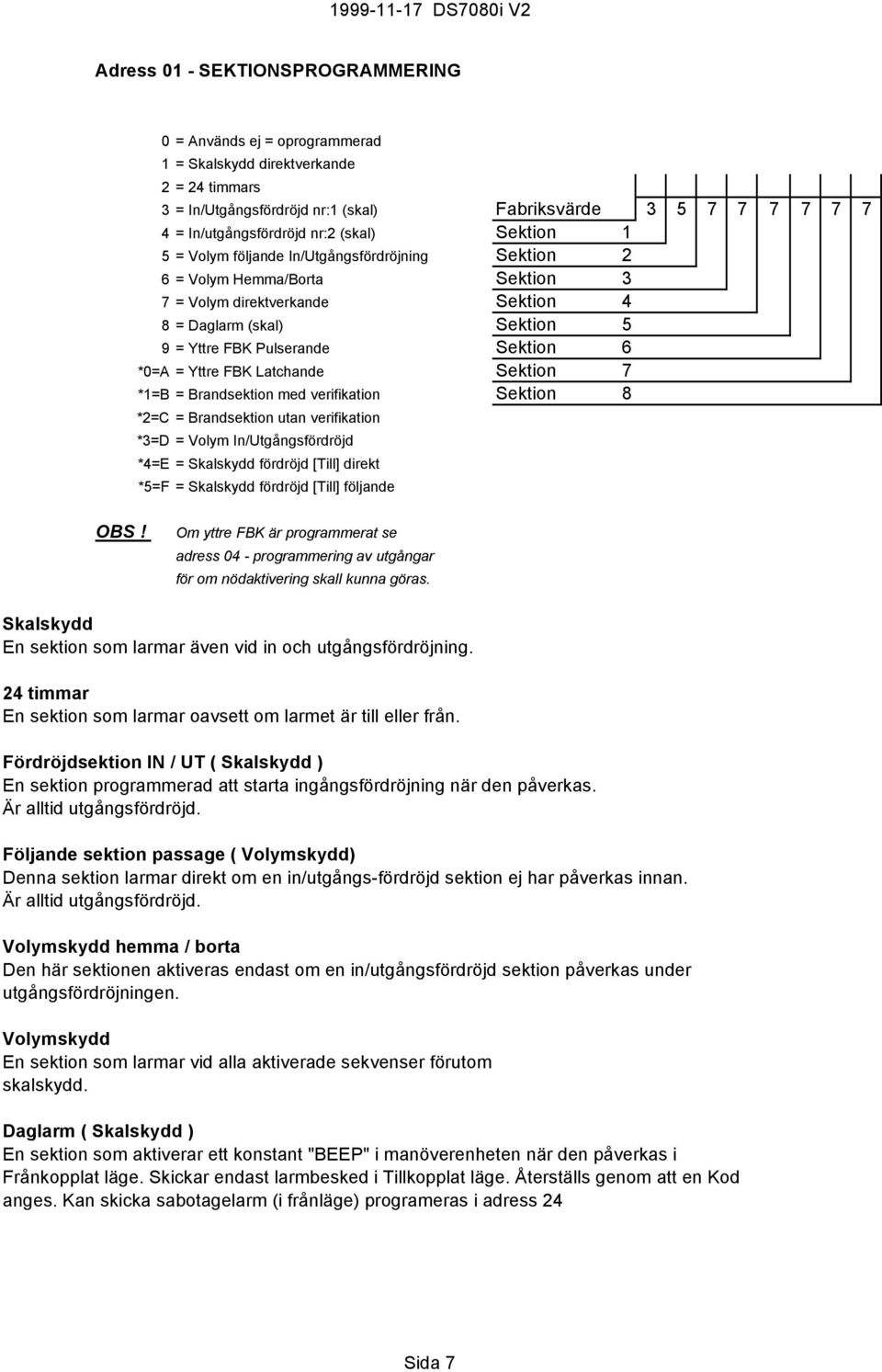 Sektion 6 *0=A = Yttre FBK Latchande Sektion 7 *1=B = Brandsektion med verifikation Sektion 8 *2=C = Brandsektion utan verifikation *3=D = Volym In/Utgångsfördröjd *4=E = Skalskydd fördröjd [Till]