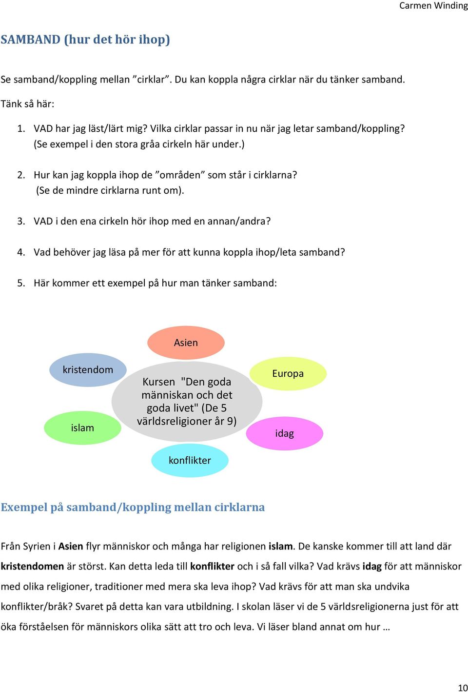 (Se de mindre cirklarna runt om). 3. VAD i den ena cirkeln hör ihop med en annan/andra? 4. Vad behöver jag läsa på mer för att kunna koppla ihop/leta samband? 5.