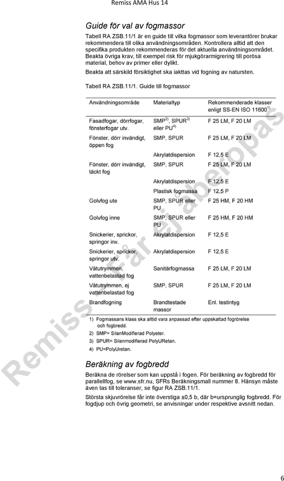 Beakta övriga krav, till exempel risk för mjukgörarmigrering till porösa material, behov av primer eller dylikt. Beakta att särskild försiktighet ska iakttas vid fogning av natursten. Tabell RA ZSB.